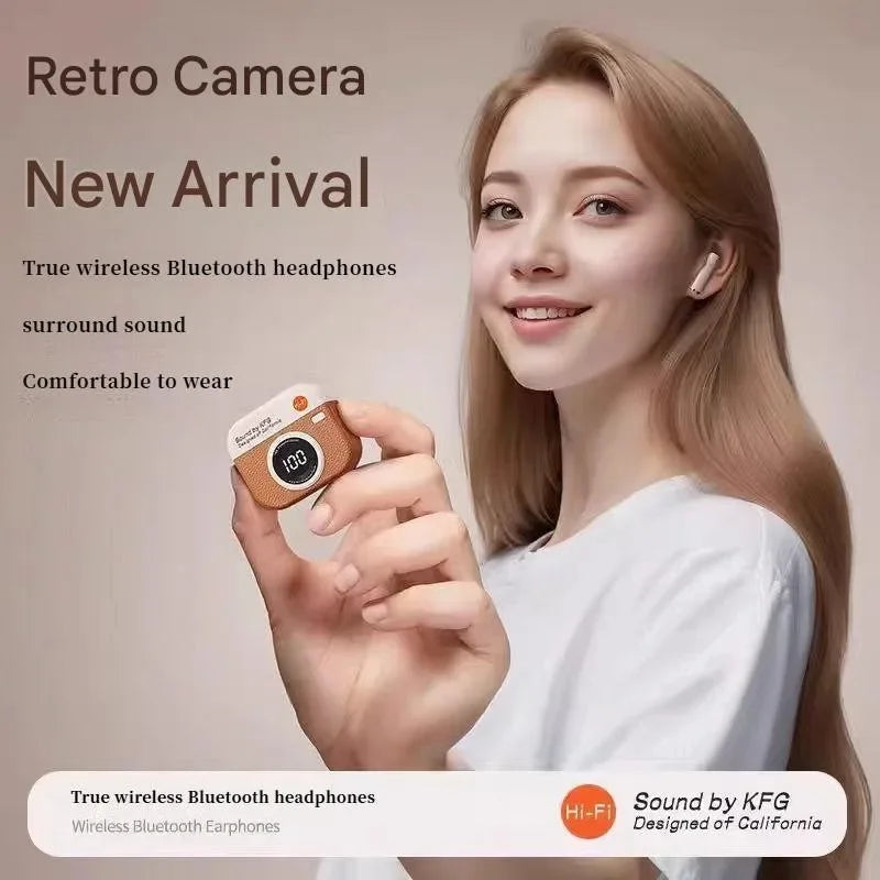Wireless Headphones Retro Camera Wireless Earbuds Semi-In-Ear Earphones with Screen Digital Display Wireless Earbuds