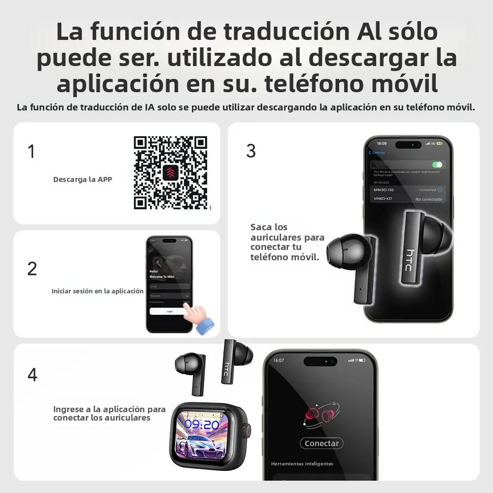 [Ultra HD Screen] HTC NE40 Earphones Bluetooth V6 TWS Sports Wireless Headphones AI Translator Earbud In-Ear Noise Reduction Mic