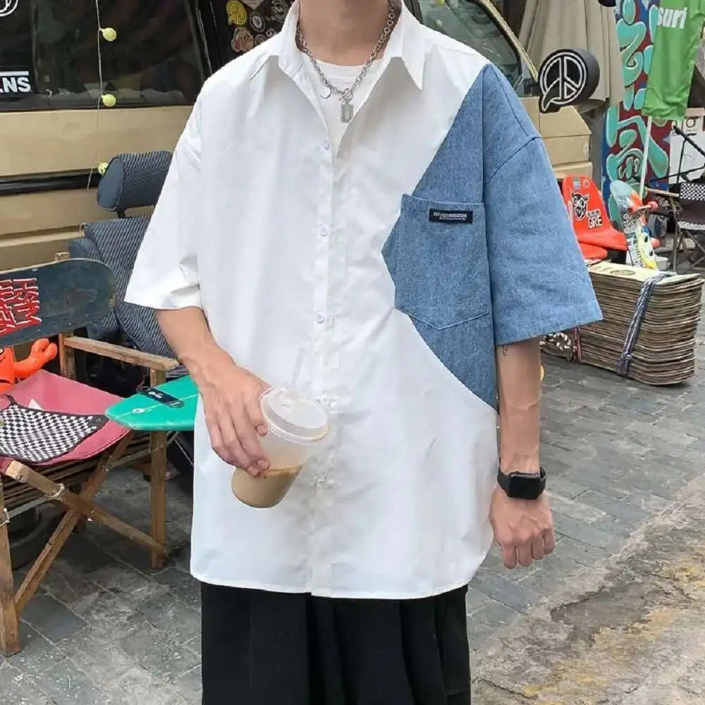 2025 Summer Streetwear Men Short Sleeve Irregular Patchwork Denim Shirt Male Tops Daily Casual Pocket Blouses Unisex Clothes