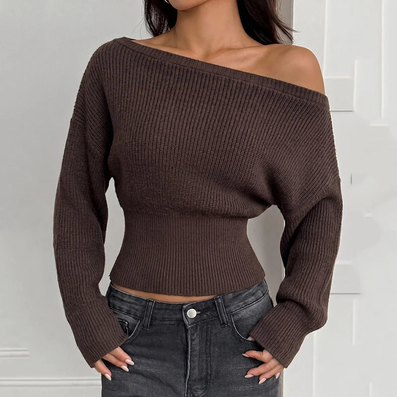 Streetwear Off Shoulder Knitted Sweaters Women Autumn Winter Long Sleeve Cropped Sweater Woman Korean Slim Waist Jumpers Female