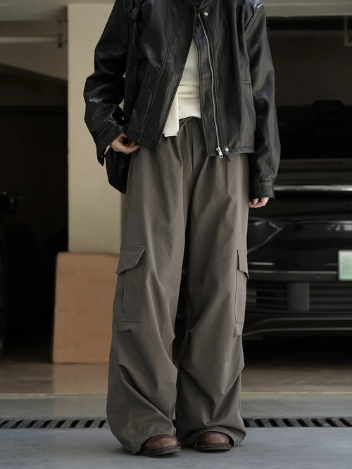 American street workwear style elastic drawstring casual pants with pocket pleats, slightly rolled edge length pants for women
