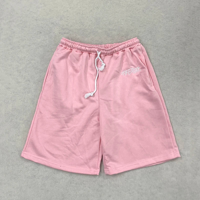 Men's Casual Pink Sweat Shorts Summer Streetwear Embroidered Letter Loose Fit Drawstring Knee Length Shorts ﻿