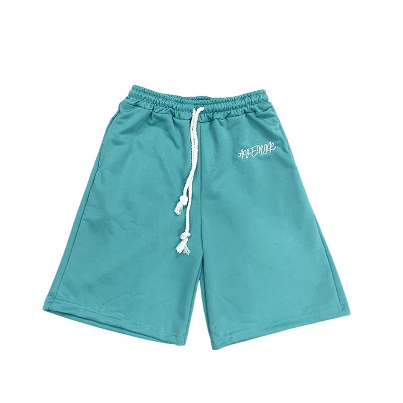 Men's Casual Pink Sweat Shorts Summer Streetwear Embroidered Letter Loose Fit Drawstring Knee Length Shorts ﻿