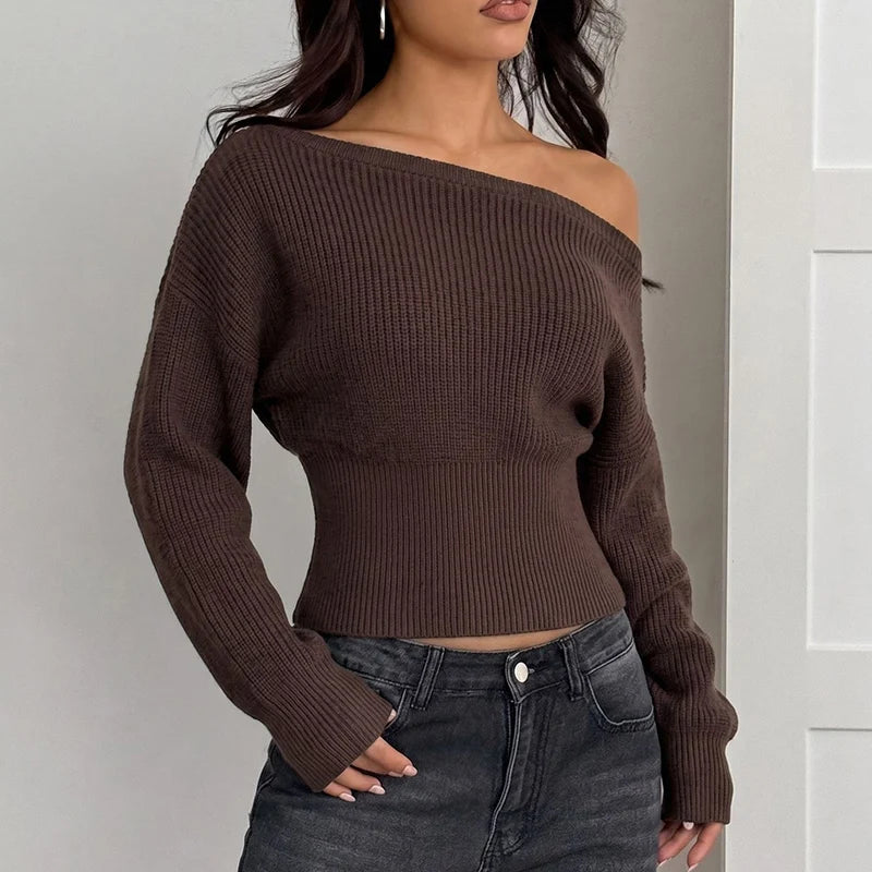 Streetwear Off Shoulder Knitted Sweaters Women Autumn Winter Long Sleeve Cropped Sweater Woman Korean Slim Waist Jumpers Female