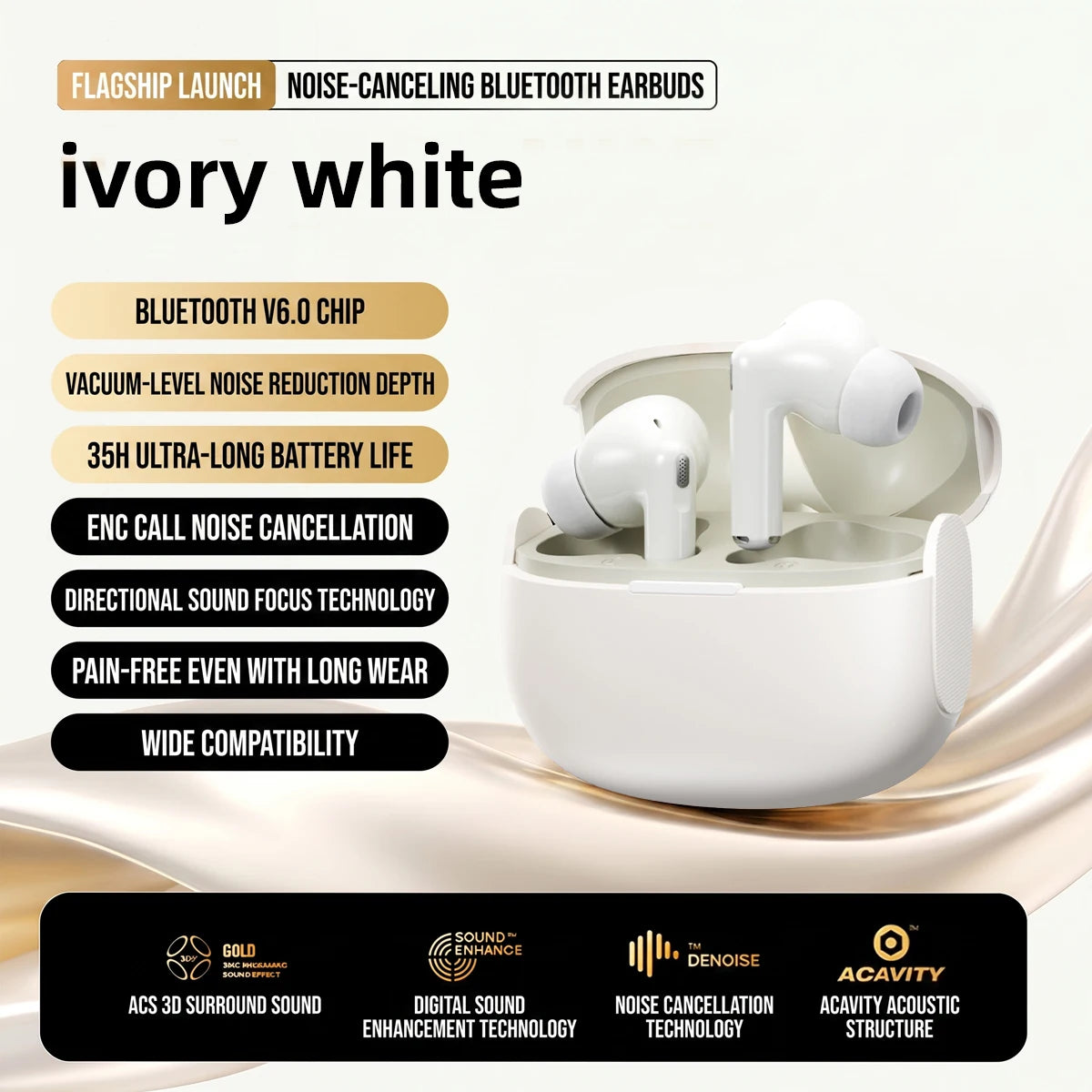 In-ear wireless headphones, noise-canceling Bluetooth headphones, long battery life, water-resistant for daily use