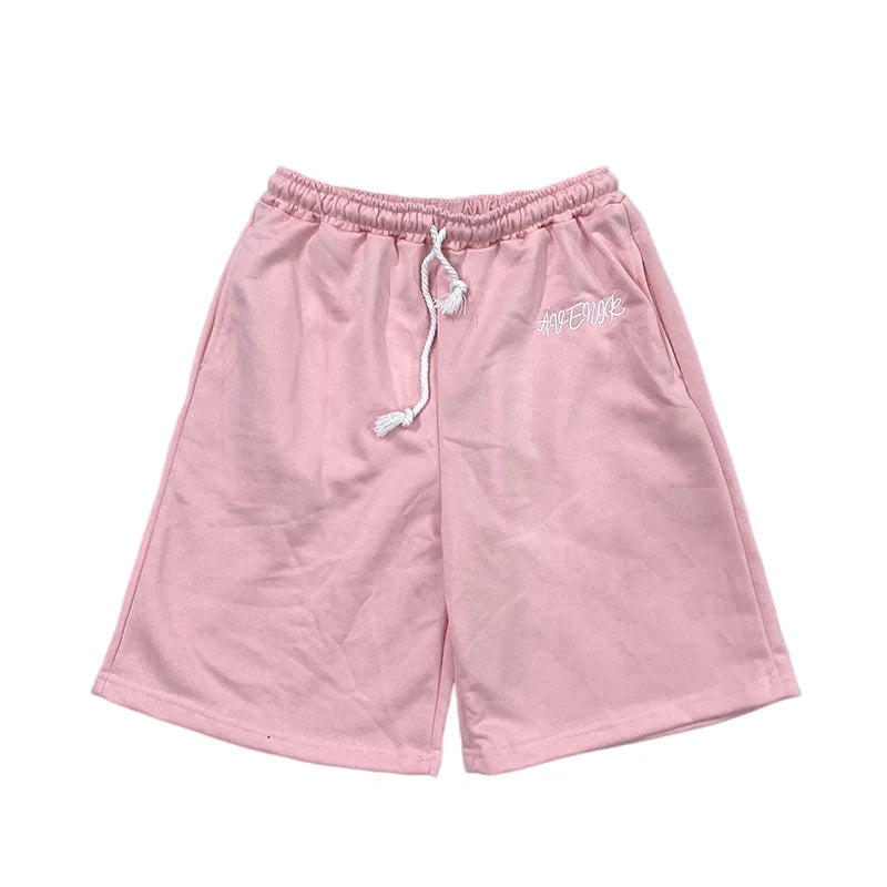 Men's Casual Pink Sweat Shorts Summer Streetwear Embroidered Letter Loose Fit Drawstring Knee Length Shorts ﻿