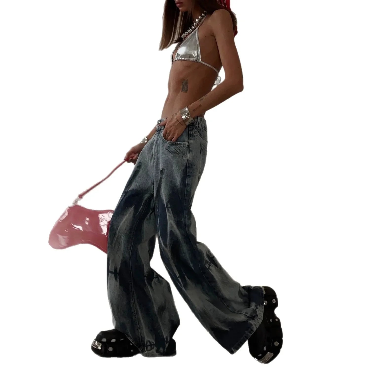 American Fashion Brand Street Style Tie-dye Jeans, Versatile Retro Wide-leg Straight Trousers, Same Fashion for Men and Women