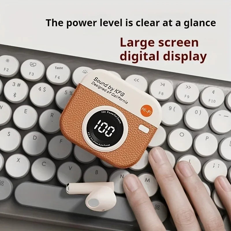 Wireless Headphones Retro Camera Wireless Earbuds Semi-In-Ear Earphones with Screen Digital Display Wireless Earbuds