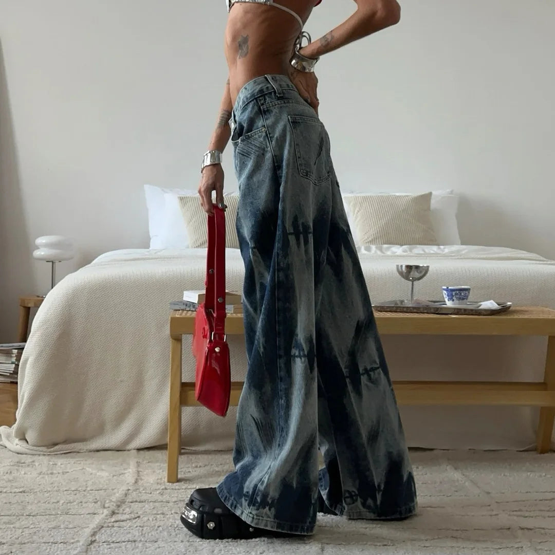 American Fashion Brand Street Style Tie-dye Jeans, Versatile Retro Wide-leg Straight Trousers, Same Fashion for Men and Women