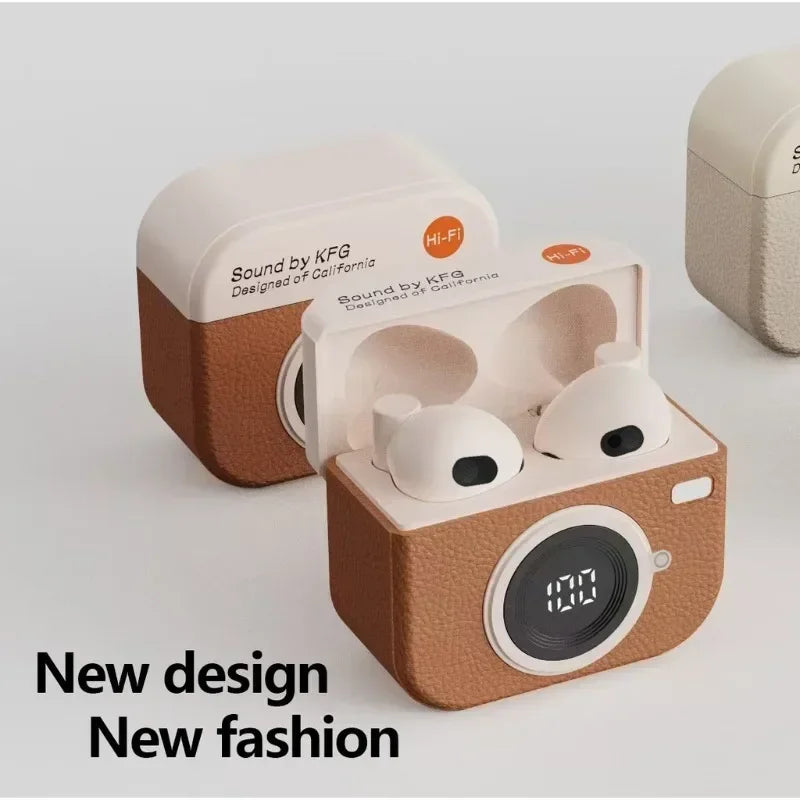 Wireless Headphones Retro Camera Wireless Earbuds Semi-In-Ear Earphones with Screen Digital Display Wireless Earbuds