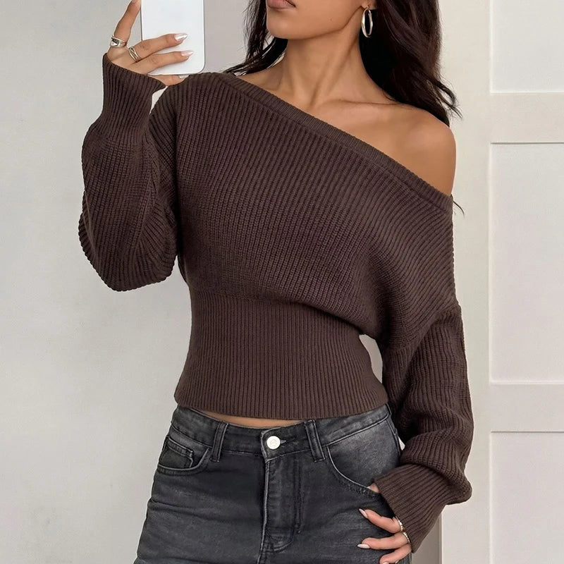 Streetwear Off Shoulder Knitted Sweaters Women Autumn Winter Long Sleeve Cropped Sweater Woman Korean Slim Waist Jumpers Female
