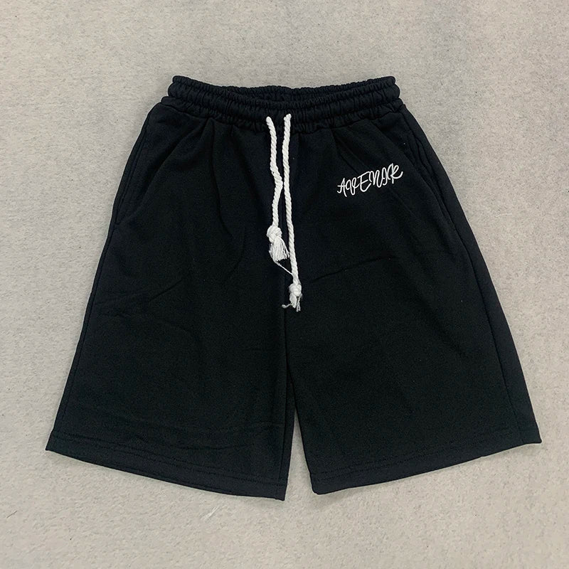 Men's Casual Pink Sweat Shorts Summer Streetwear Embroidered Letter Loose Fit Drawstring Knee Length Shorts ﻿