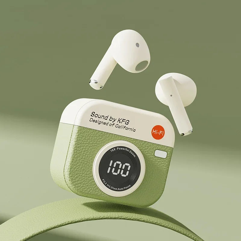 Wireless Headphones Retro Camera Wireless Earbuds Semi-In-Ear Earphones with Screen Digital Display Wireless Earbuds