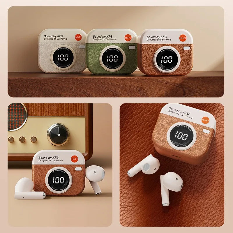 Wireless Headphones Retro Camera Wireless Earbuds Semi-In-Ear Earphones with Screen Digital Display Wireless Earbuds