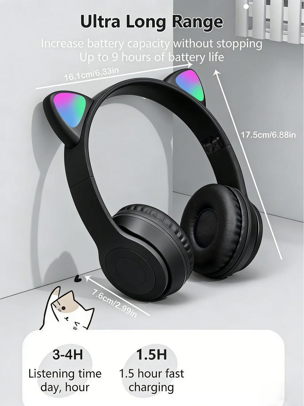 Headphones with wireless technology, Jerry chip, shining brightly, cat ears wireless headphones