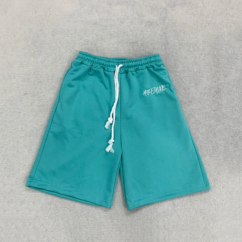 Men's Casual Pink Sweat Shorts Summer Streetwear Embroidered Letter Loose Fit Drawstring Knee Length Shorts ﻿