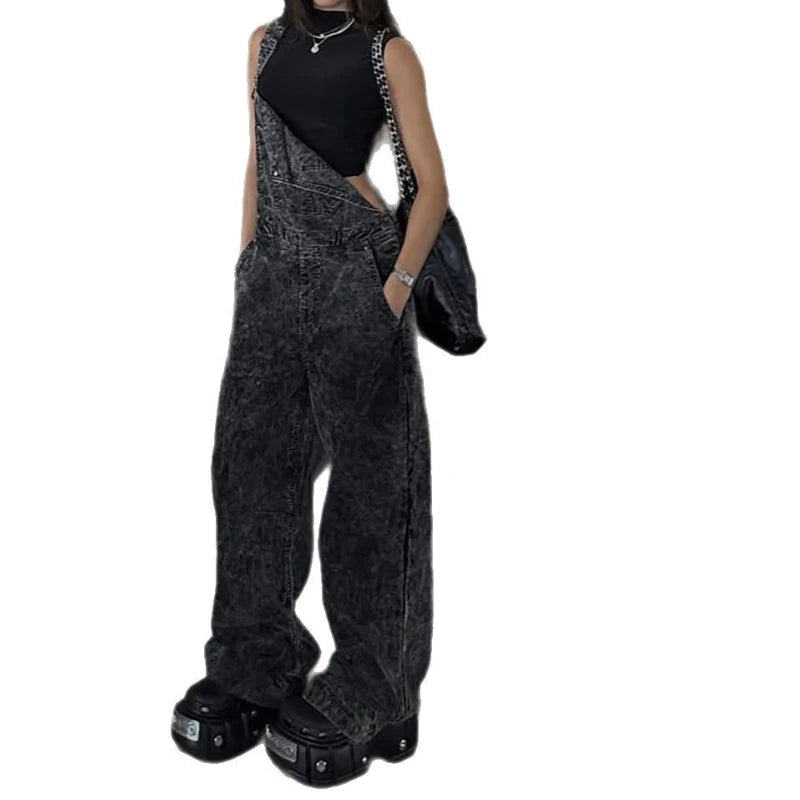 The New Streetwear Brand Aged Washed Shoulder Strap Denim Wide-leg Pants Are Stylish, High-end and Loose for Women