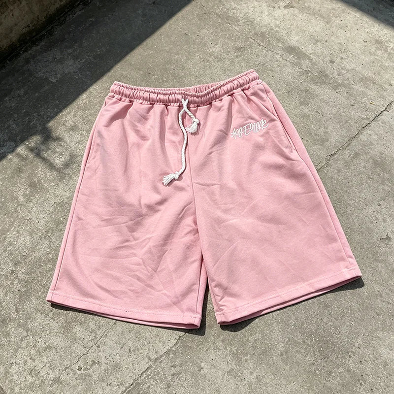 Men's Casual Pink Sweat Shorts Summer Streetwear Embroidered Letter Loose Fit Drawstring Knee Length Shorts ﻿