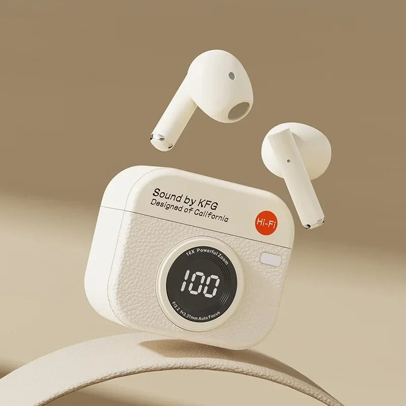 Wireless Headphones Retro Camera Wireless Earbuds Semi-In-Ear Earphones with Screen Digital Display Wireless Earbuds