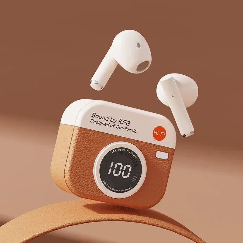 Wireless Headphones Retro Camera Wireless Earbuds Semi-In-Ear Earphones with Screen Digital Display Wireless Earbuds