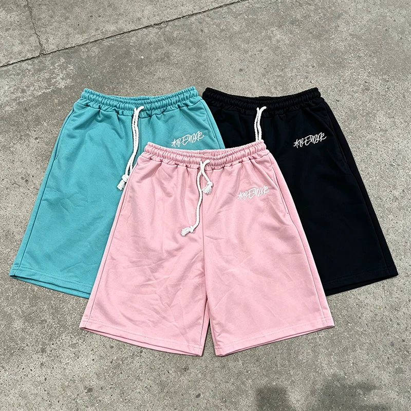 Men's Casual Pink Sweat Shorts Summer Streetwear Embroidered Letter Loose Fit Drawstring Knee Length Shorts ﻿