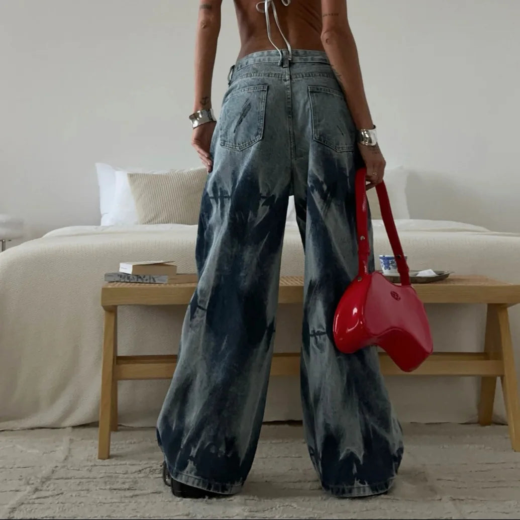 American Fashion Brand Street Style Tie-dye Jeans, Versatile Retro Wide-leg Straight Trousers, Same Fashion for Men and Women