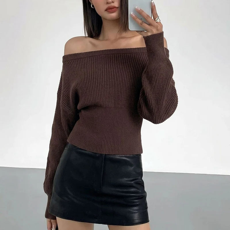Streetwear Off Shoulder Knitted Sweaters Women Autumn Winter Long Sleeve Cropped Sweater Woman Korean Slim Waist Jumpers Female