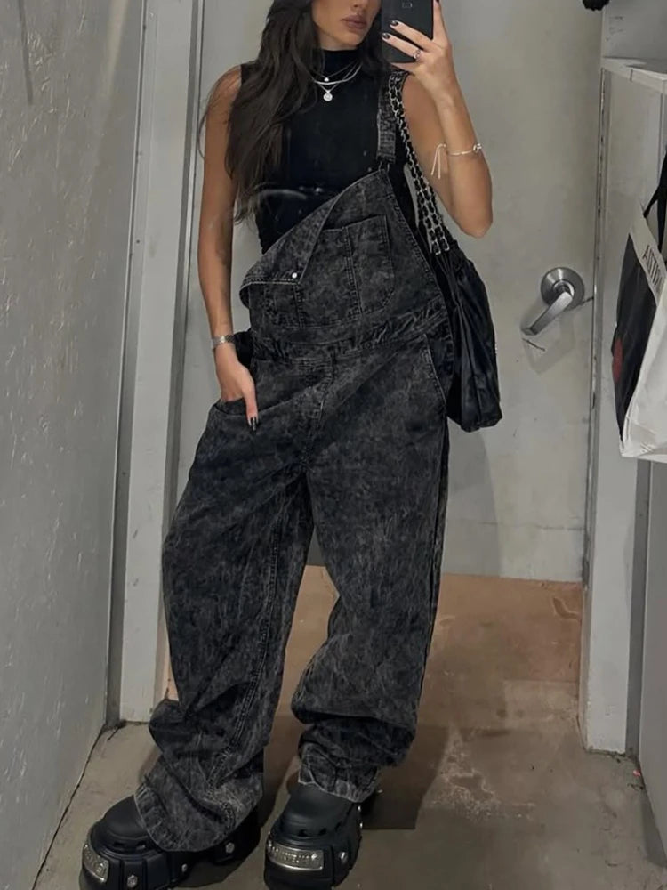 The New Streetwear Brand Aged Washed Shoulder Strap Denim Wide-leg Pants Are Stylish, High-end and Loose for Women