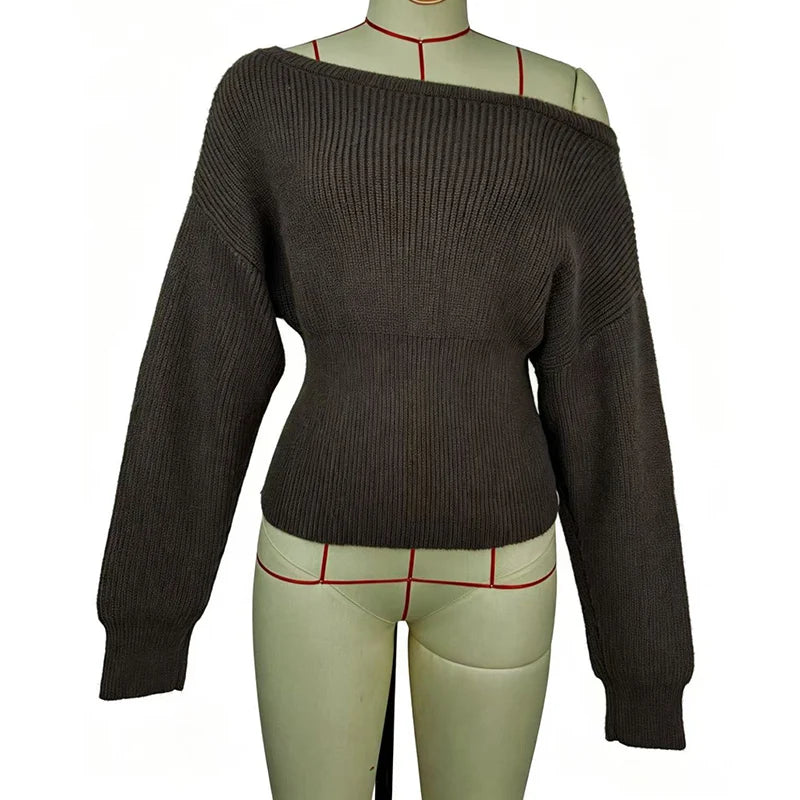 Streetwear Off Shoulder Knitted Sweaters Women Autumn Winter Long Sleeve Cropped Sweater Woman Korean Slim Waist Jumpers Female