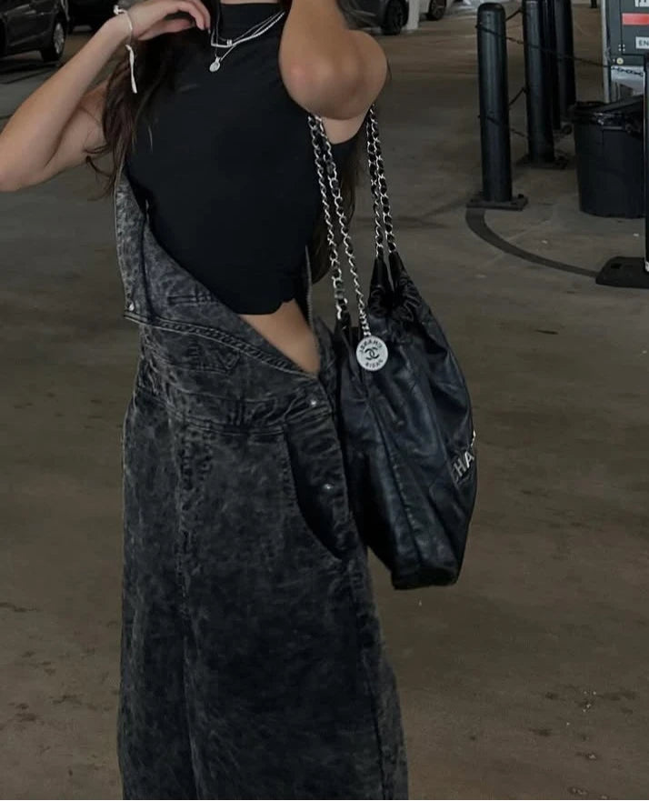 The New Streetwear Brand Aged Washed Shoulder Strap Denim Wide-leg Pants Are Stylish, High-end and Loose for Women