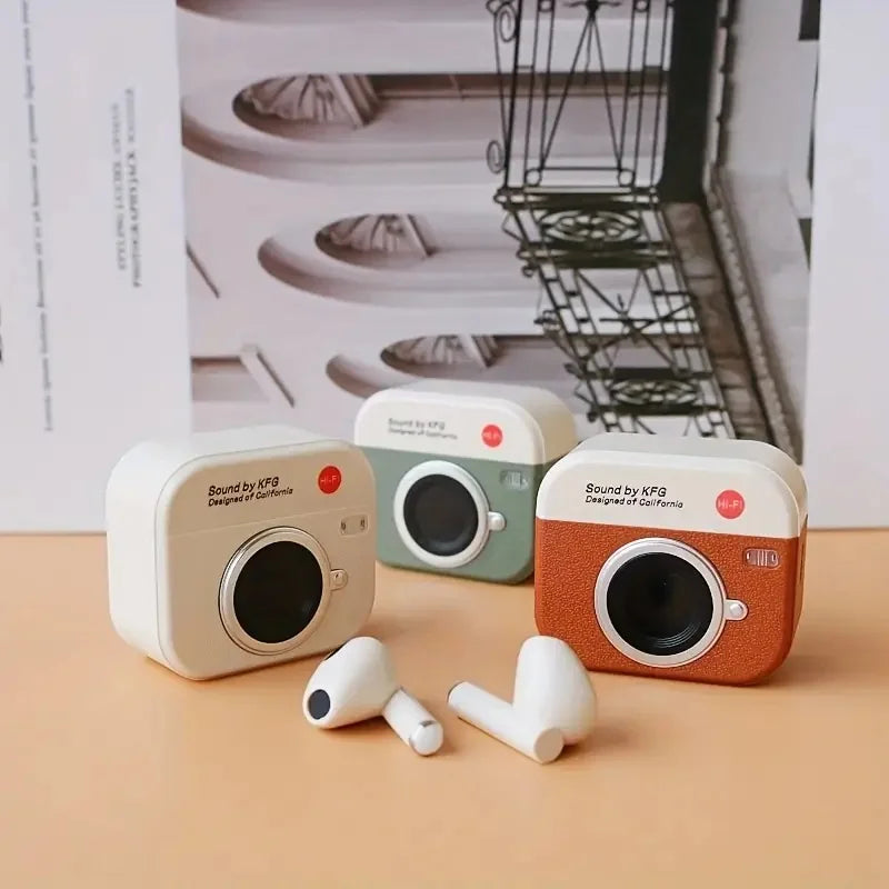 Wireless Headphones Retro Camera Wireless Earbuds Semi-In-Ear Earphones with Screen Digital Display Wireless Earbuds