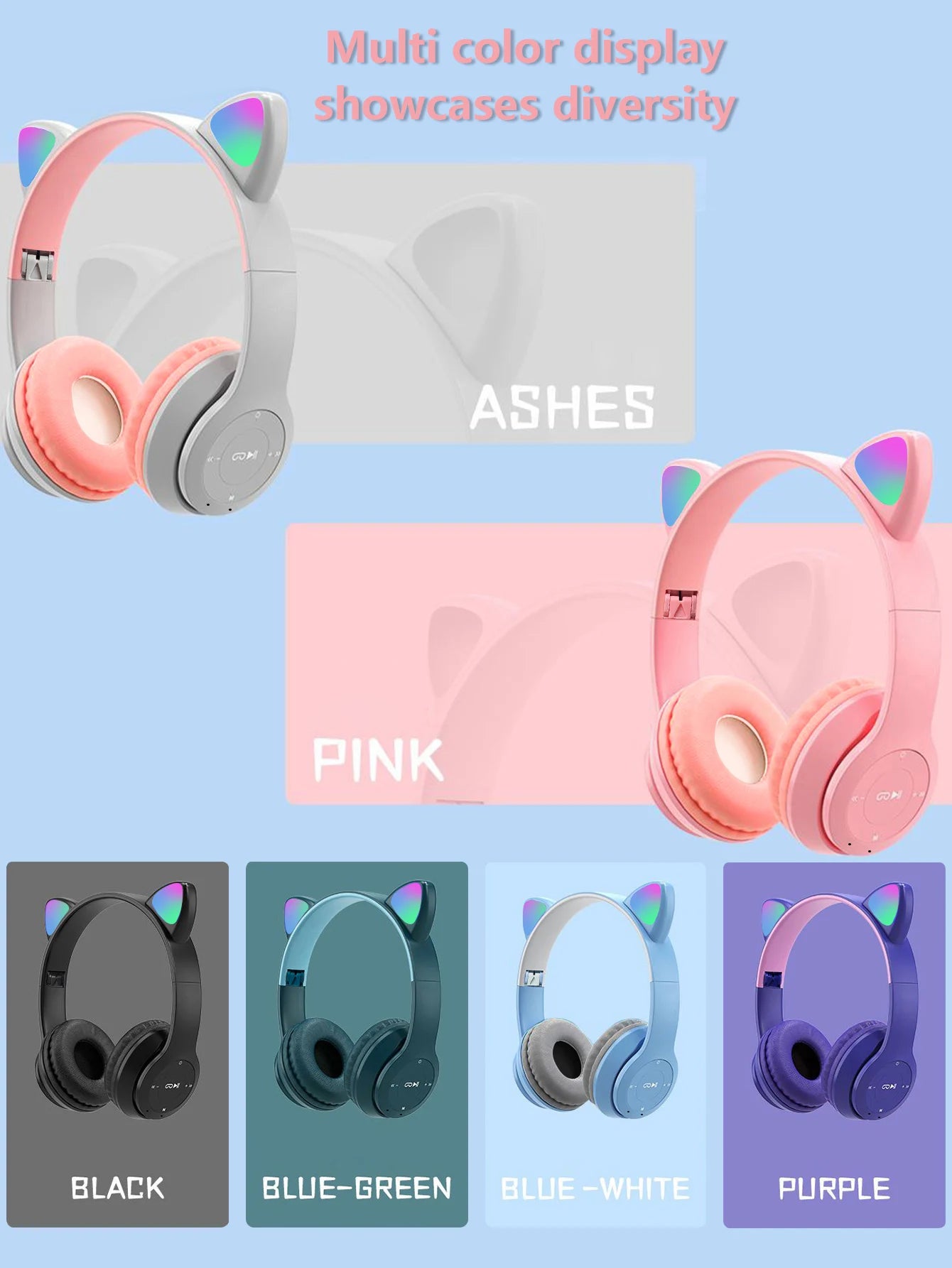 Headphones with wireless technology, Jerry chip, shining brightly, cat ears wireless headphones